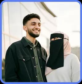 Muslim couple smiling outdoors, representing halal marriage and Islamic matchmaking