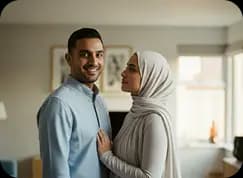 Muslim couple smiling outdoors, representing halal marriage and Islamic matchmaking