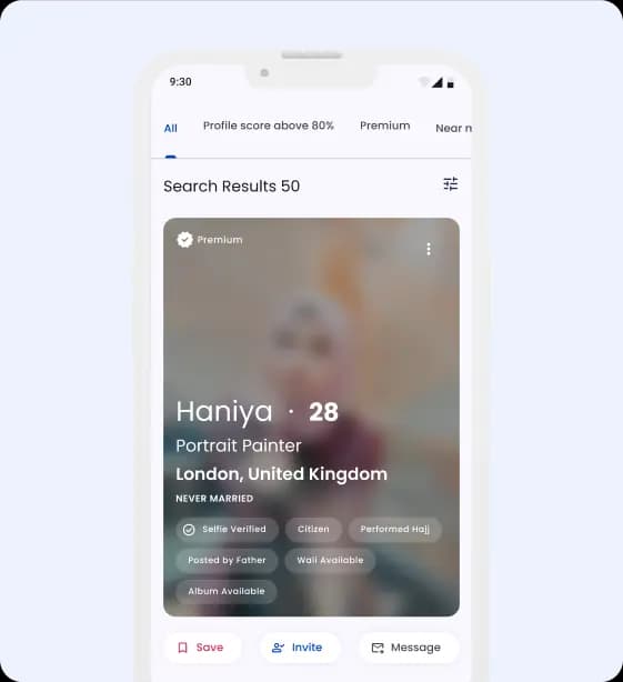 Pure Matrimony app search results showing verified Muslim profiles for serious marriage matchmaking