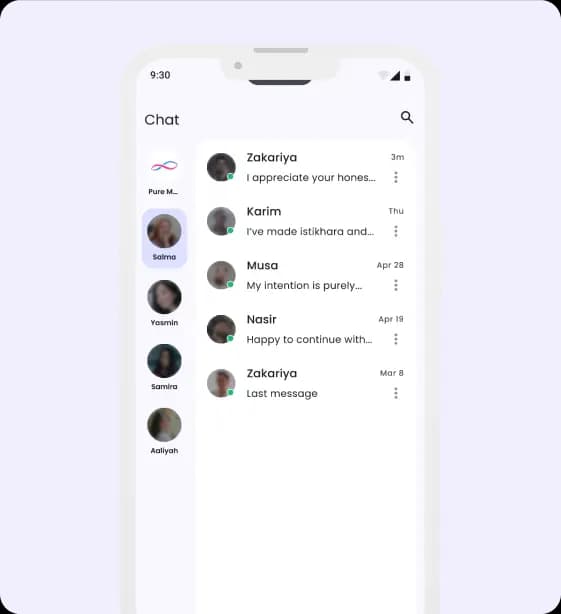 Pure Matrimony app chat screen showing halal conversations for Muslim marriage matchmaking